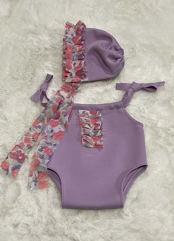 nb purple romper/ bonnet reborn doll accessory