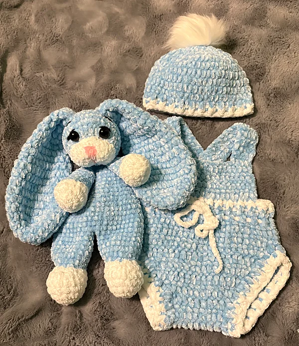 nb blue chenille putfit & bunny reborn doll accessory