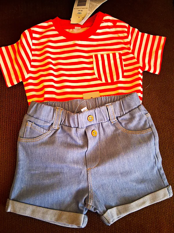 denim shorts w/red, white stripe shirt, 1mo/n reborn doll accessory