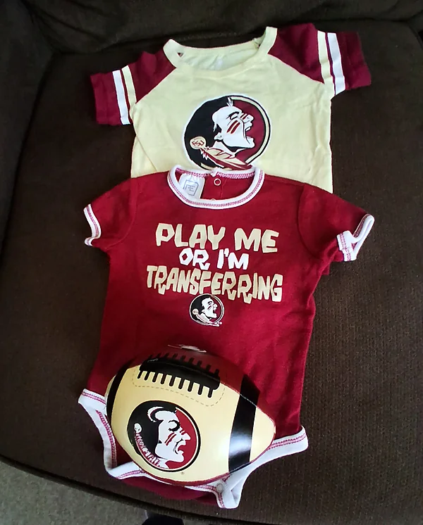 fsu ‘noles #10, 2 rompers & football siz reborn doll accessory